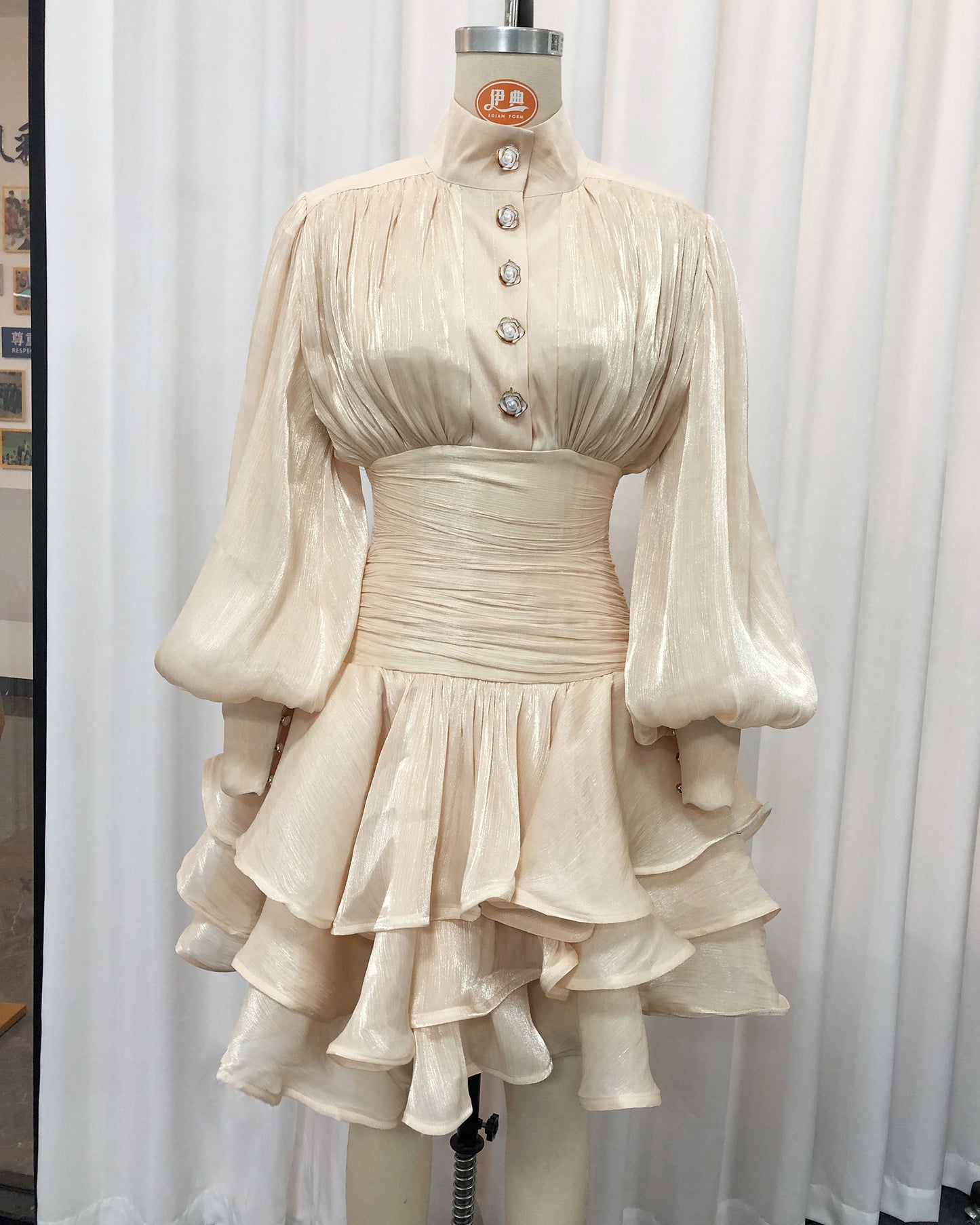 Apricot Shimmer Puff Sleeve Ruffled Mini Dress