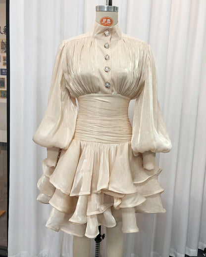 Apricot Shimmer Puff Sleeve Ruffled Mini Dress