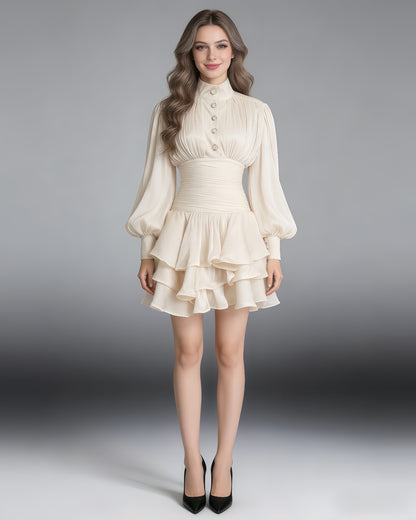 Apricot Shimmer Puff Sleeve Ruffled Mini Dress