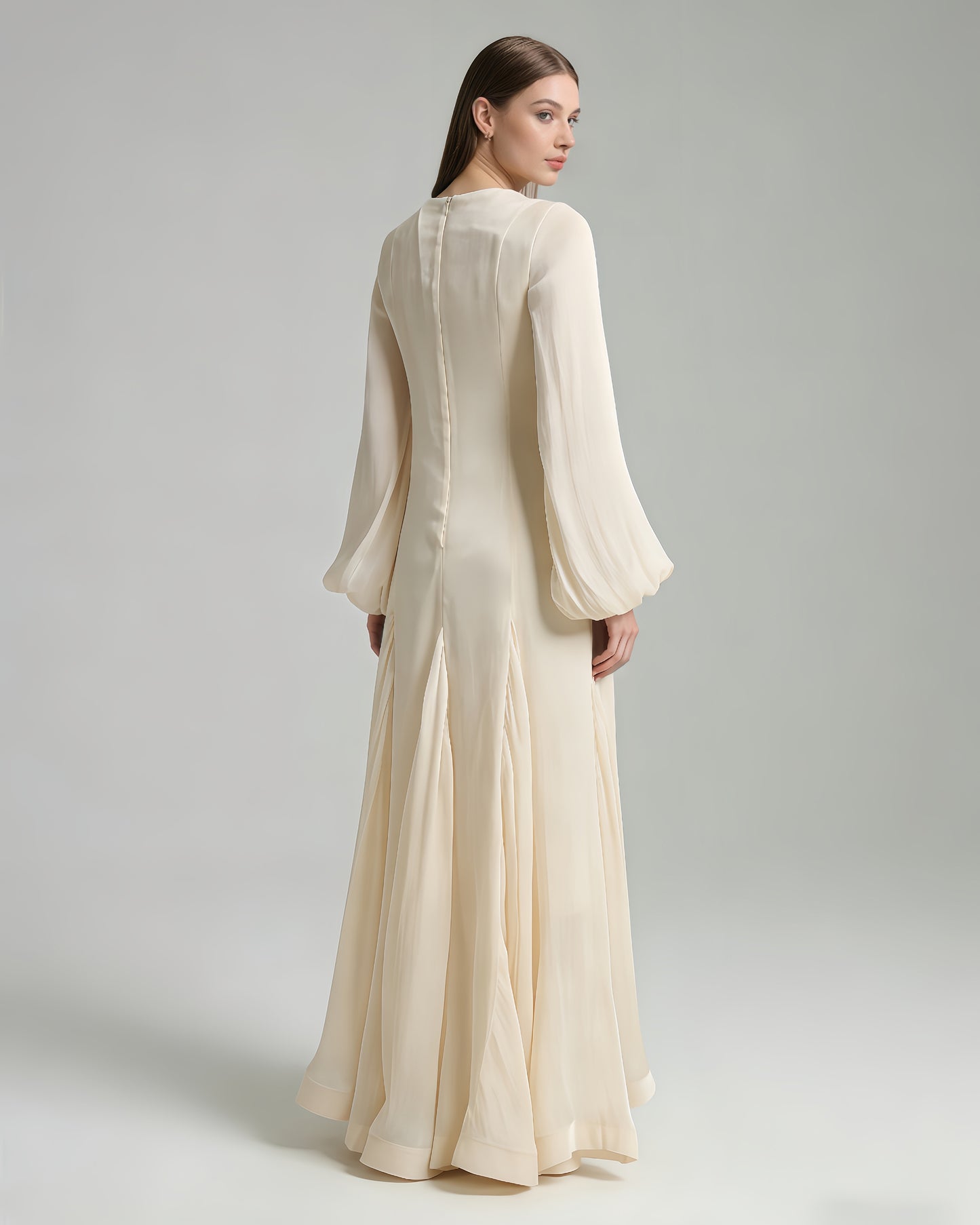 Apricot Shimmery Puff Sleeve Maxi Dress
