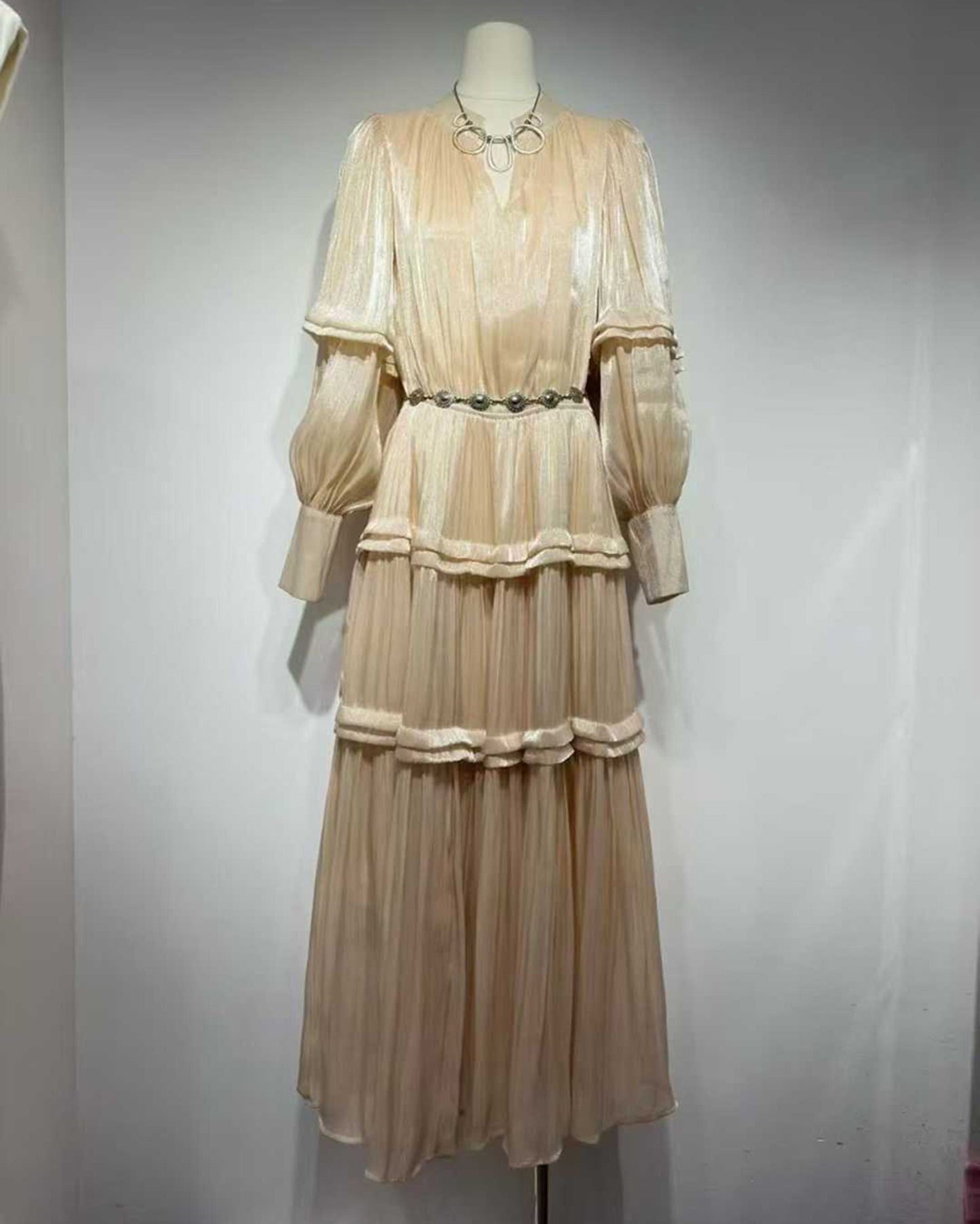 Apricot Shiny Lantern Sleeve Tiered Maxi Dress