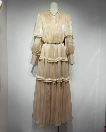 Apricot Shiny Lantern Sleeve Tiered Maxi Dress