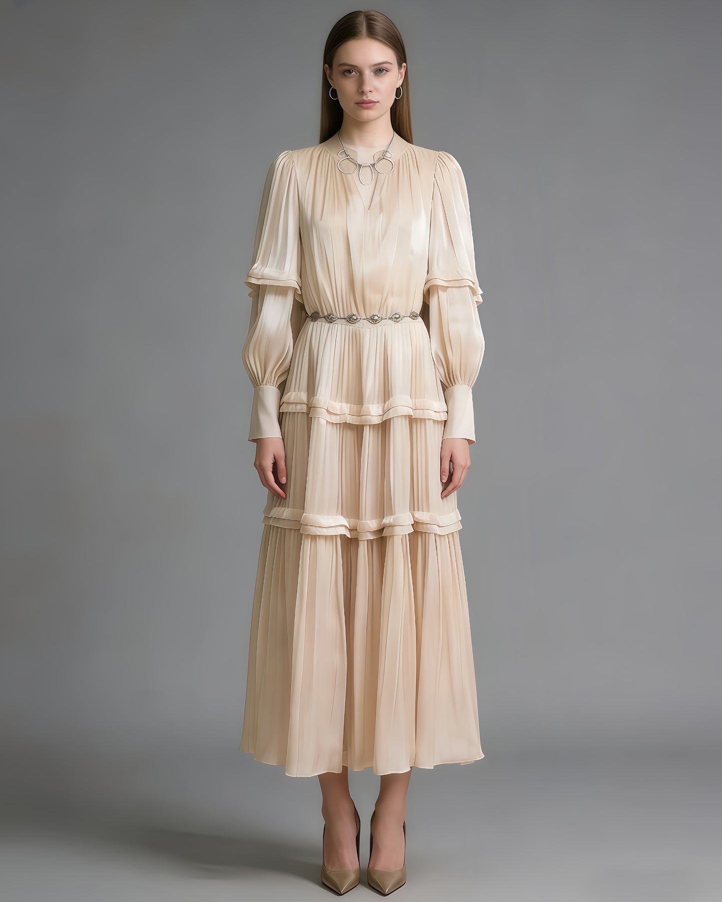 Apricot Shiny Lantern Sleeve Tiered Maxi Dress