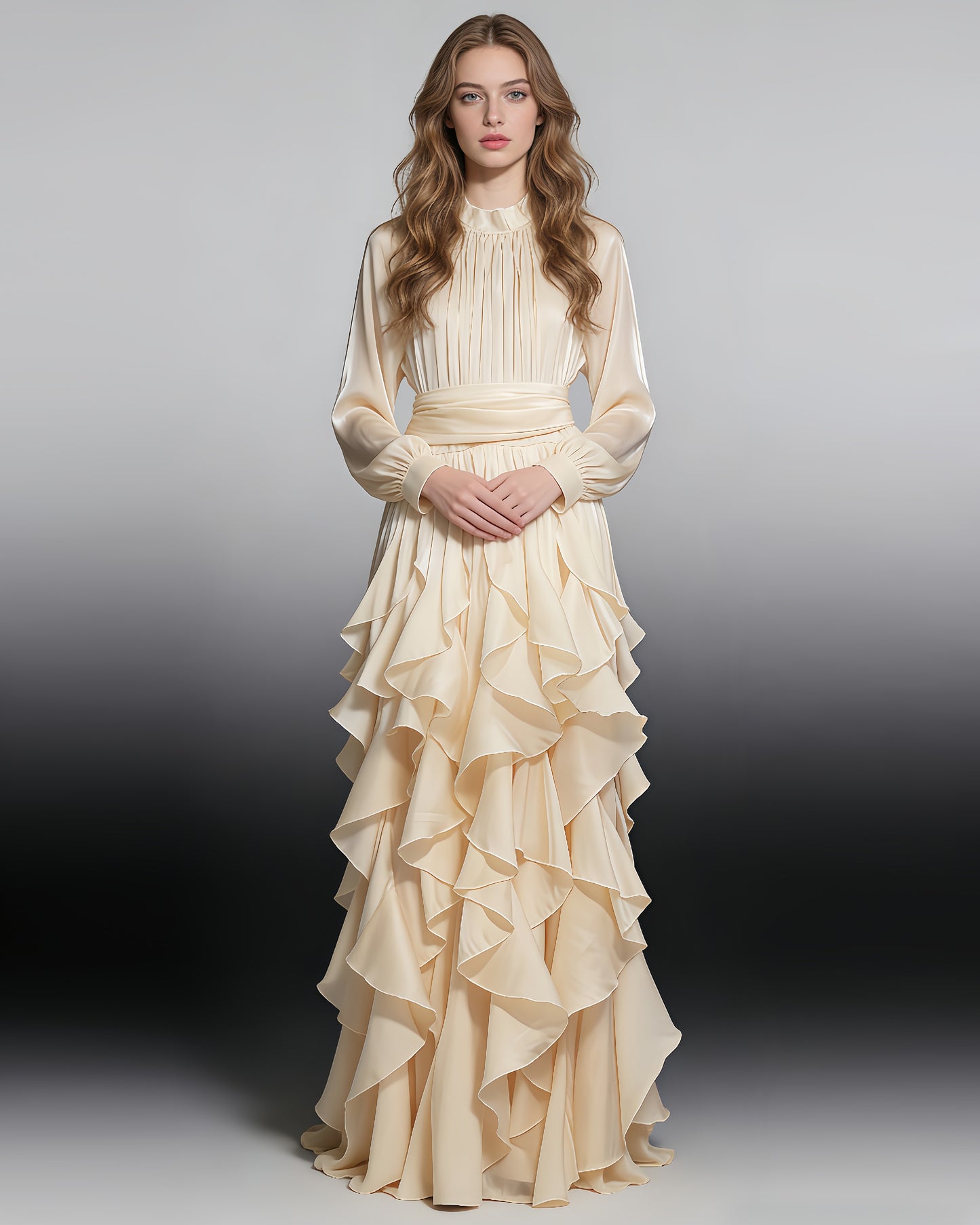 Apricot Shiny Ruffled Maxi Dress with High Neck & Tie Cuffs