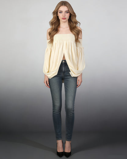 Apricot Smocked Tube Top Lantern Sleeve Split Blouse