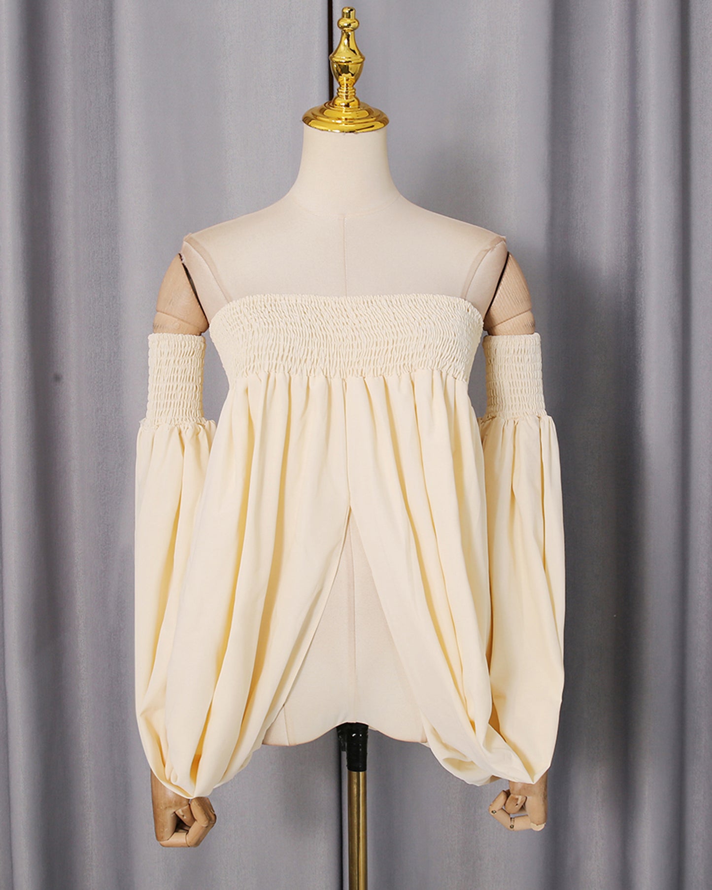 Apricot Smocked Tube Top Lantern Sleeve Split Blouse