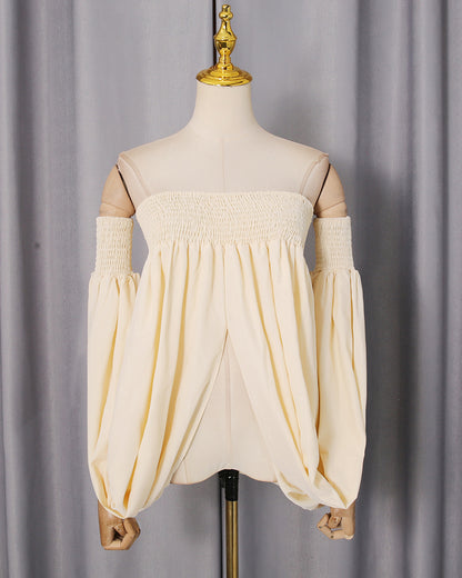 Apricot Smocked Tube Top Lantern Sleeve Split Blouse