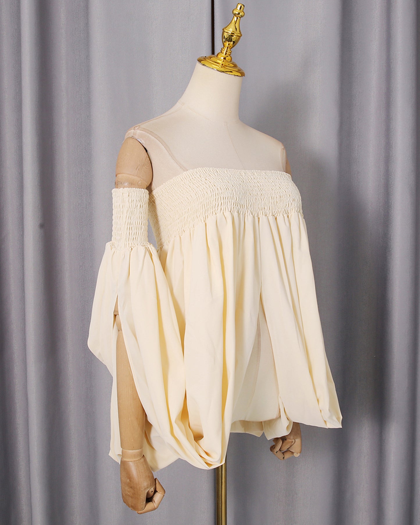 Apricot Smocked Tube Top Lantern Sleeve Split Blouse