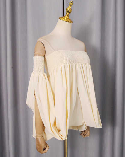 Apricot Smocked Tube Top Lantern Sleeve Split Blouse