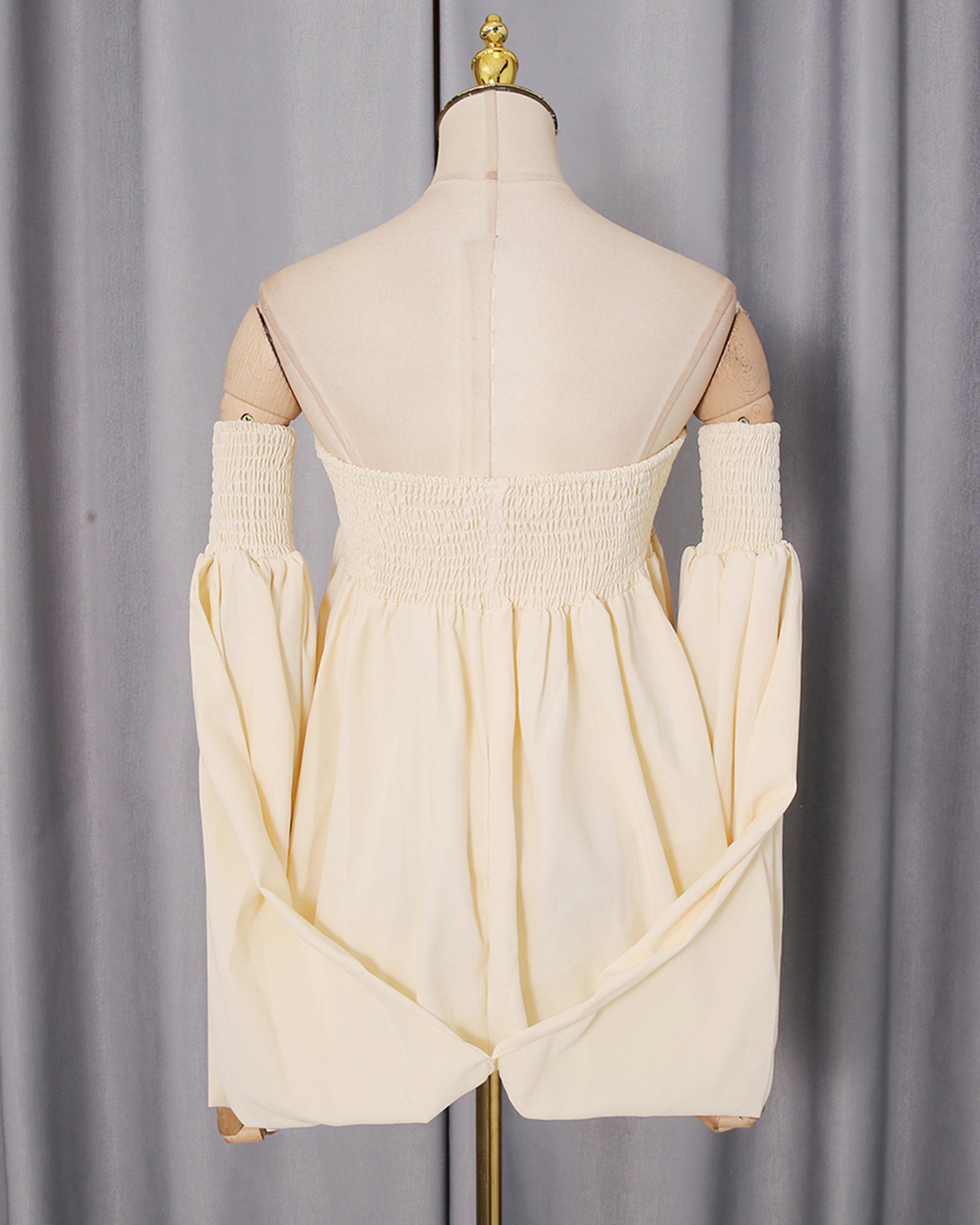 Apricot Smocked Tube Top Lantern Sleeve Split Blouse