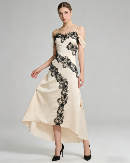Apricot Spaghetti Strap Black Lace Satin Maxi Dress