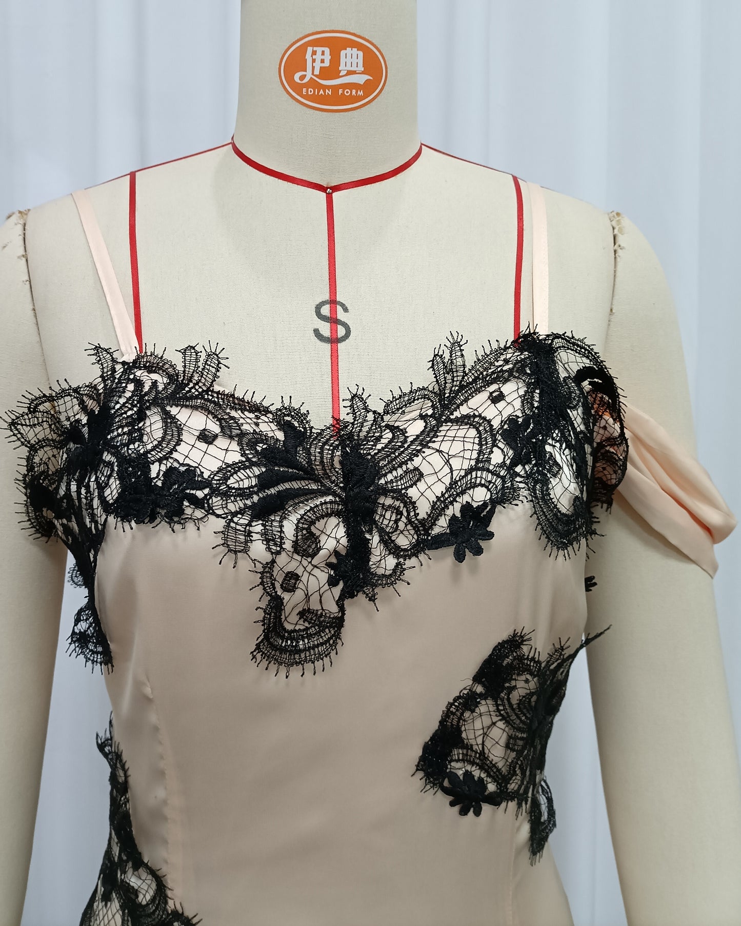 Apricot Spaghetti Strap Black Lace Satin Maxi Dress