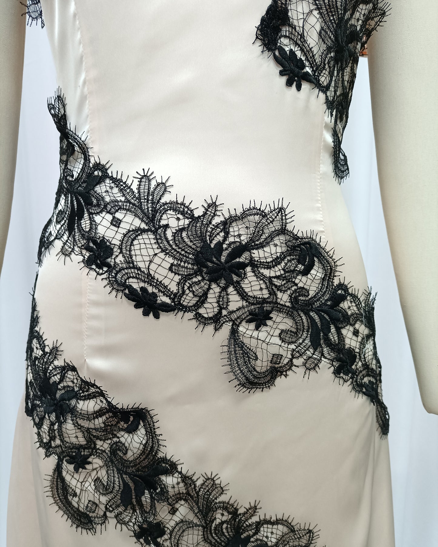 Apricot Spaghetti Strap Black Lace Satin Maxi Dress