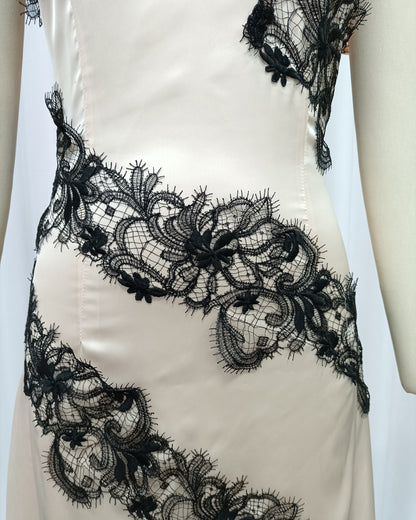 Apricot Spaghetti Strap Black Lace Satin Maxi Dress