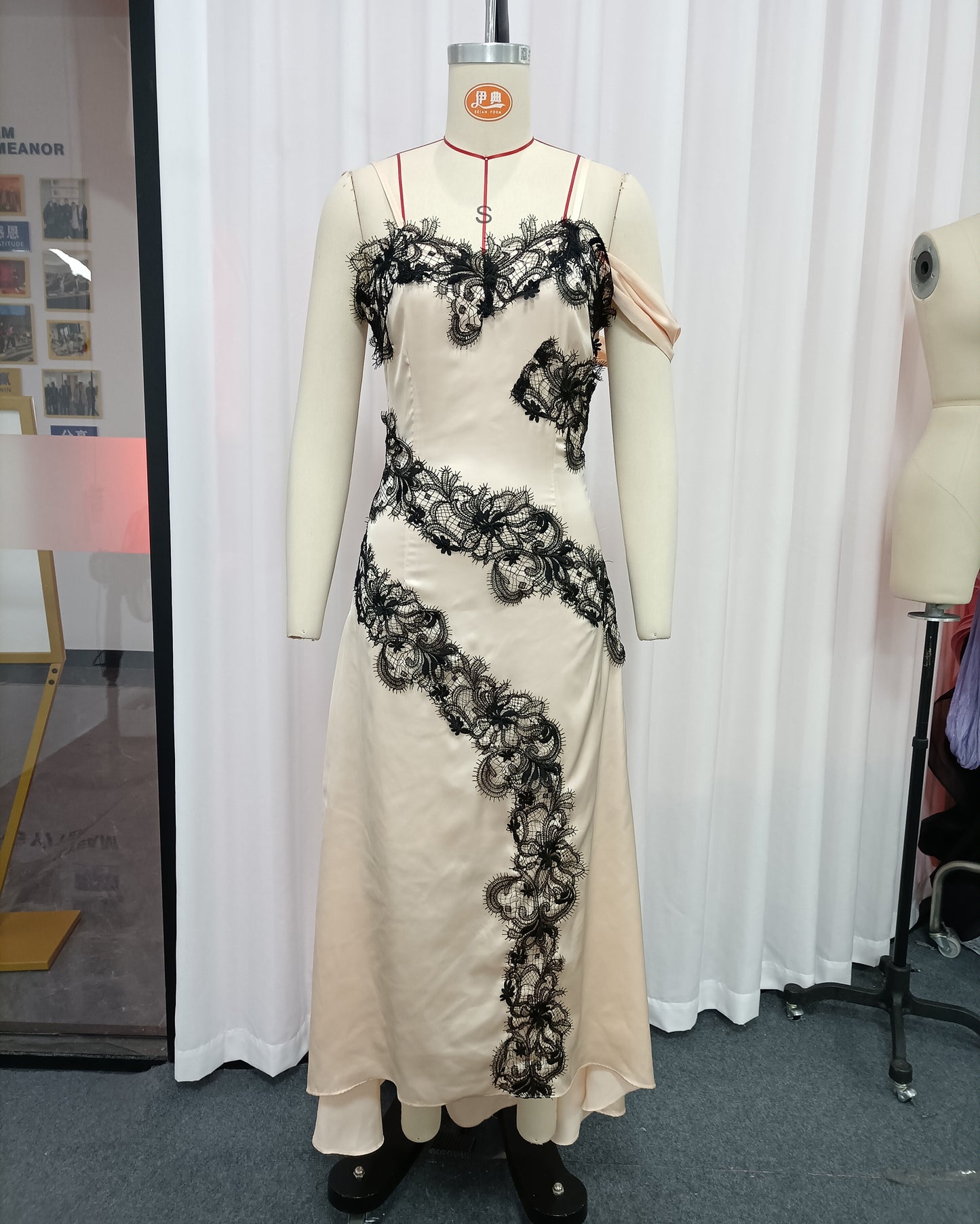Apricot Spaghetti Strap Black Lace Satin Maxi Dress