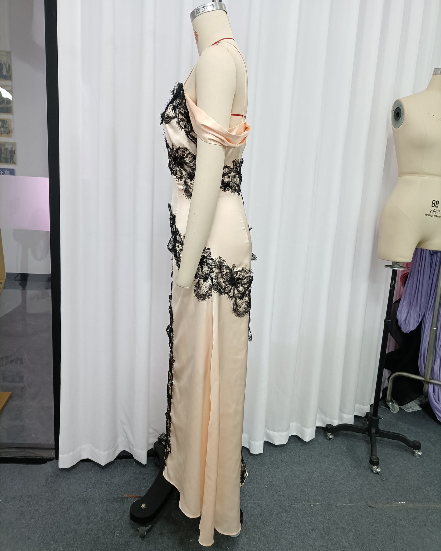 Apricot Spaghetti Strap Black Lace Satin Maxi Dress