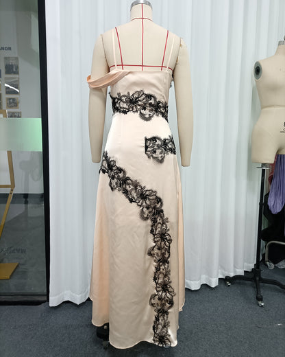 Apricot Spaghetti Strap Black Lace Satin Maxi Dress