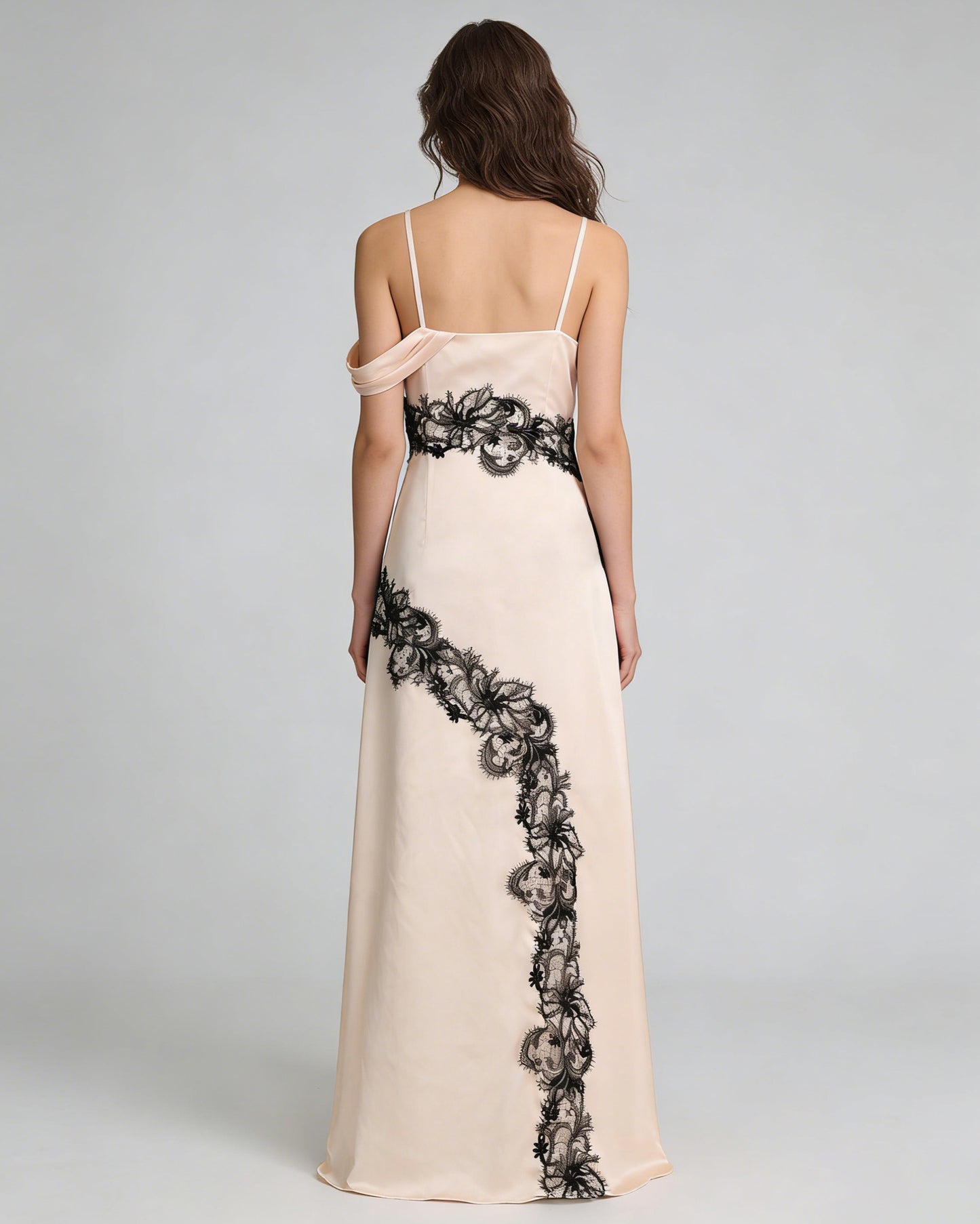 Apricot Spaghetti Strap Black Lace Satin Maxi Dress