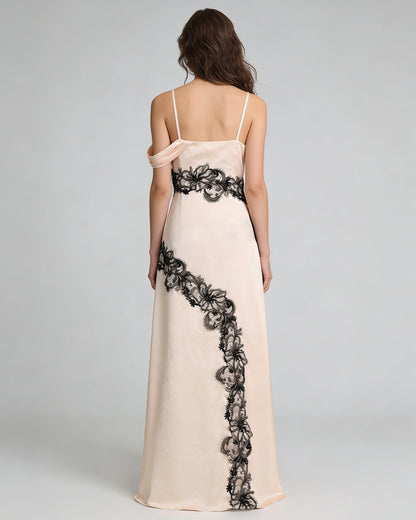 Apricot Spaghetti Strap Black Lace Satin Maxi Dress