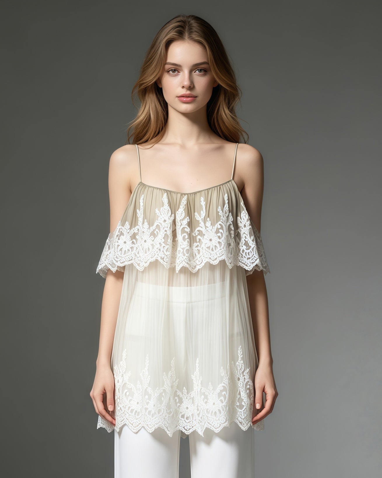 Apricot Spaghetti Strap Mesh Top With Lace Trim