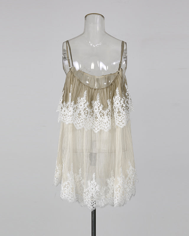 Apricot Spaghetti Strap Mesh Top With Lace Trim