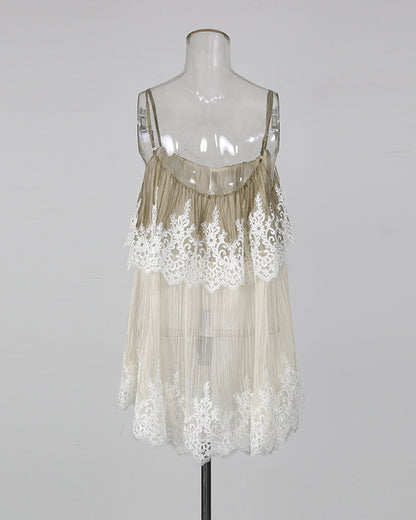 Apricot Spaghetti Strap Mesh Top With Lace Trim