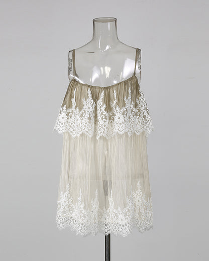Apricot Spaghetti Strap Mesh Top With Lace Trim