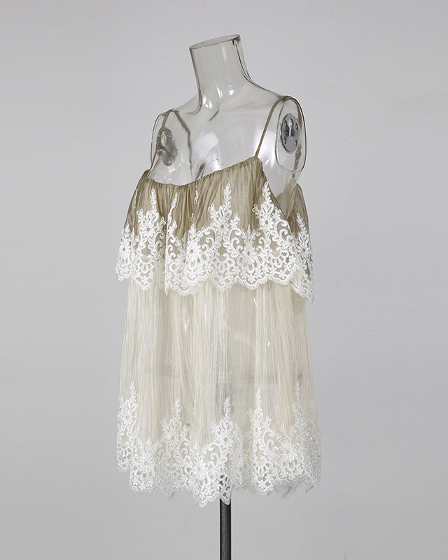 Apricot Spaghetti Strap Mesh Top With Lace Trim