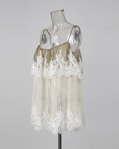 Apricot Spaghetti Strap Mesh Top With Lace Trim