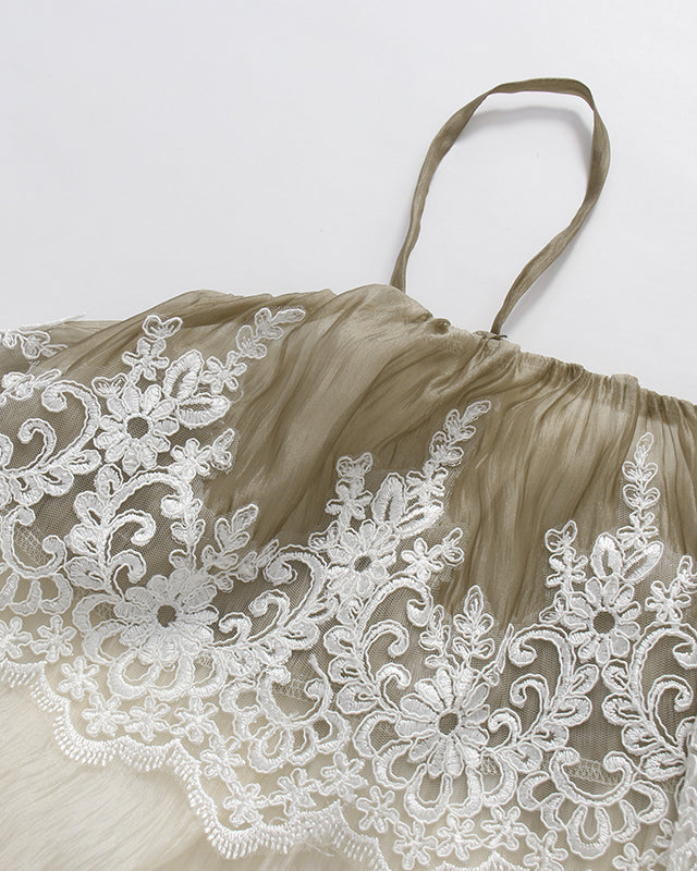 Apricot Spaghetti Strap Mesh Top With Lace Trim