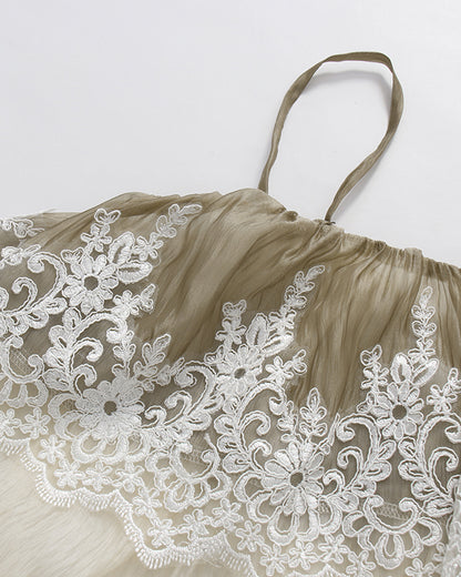Apricot Spaghetti Strap Mesh Top With Lace Trim
