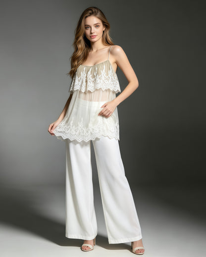 Apricot Spaghetti Strap Mesh Top With Lace Trim