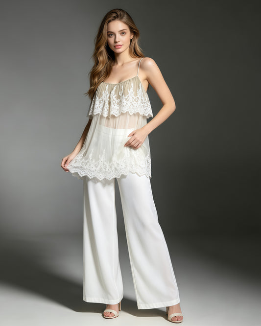 Apricot Spaghetti Strap Mesh Top With Lace Trim