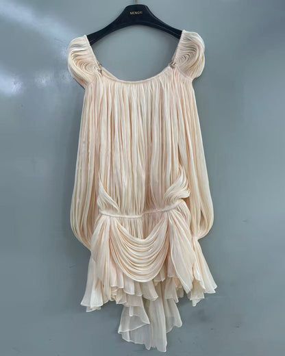 Apricot Square Neck Puff Sleeve Ruched Mini Dress