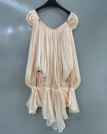 Apricot Square Neck Puff Sleeve Ruched Mini Dress