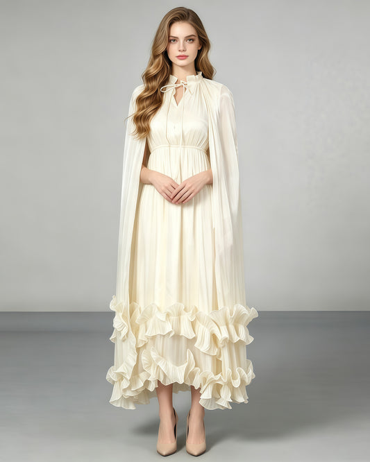 Apricot Stand Collar Cape Ruffle Maxi Dress