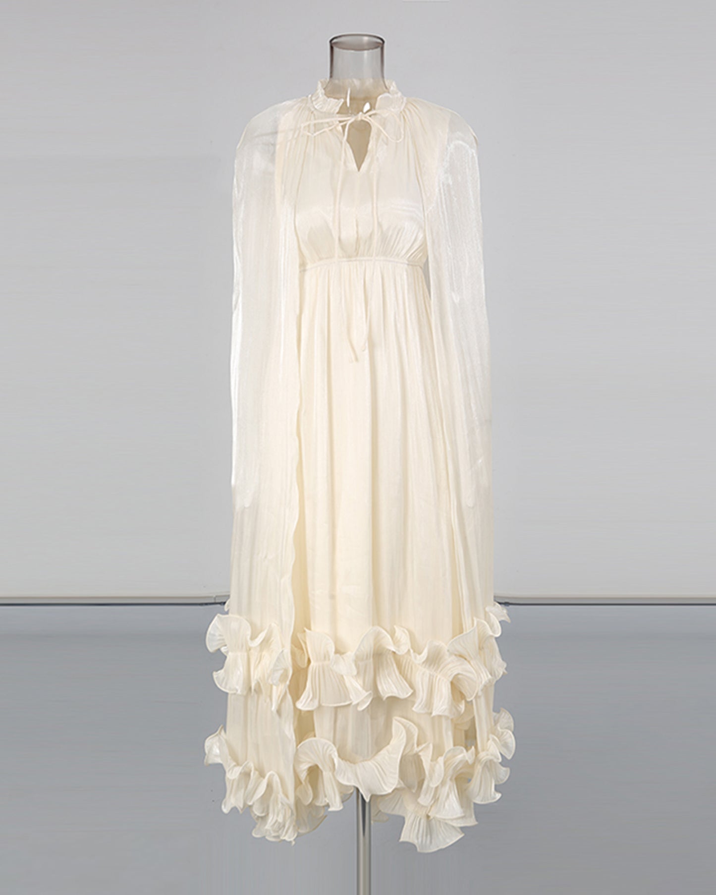 Apricot Stand Collar Cape Ruffle Maxi Dress