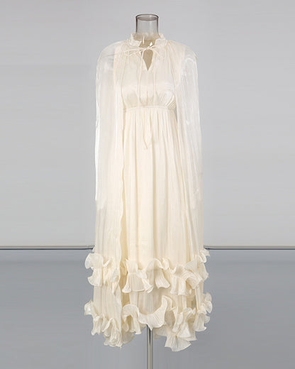 Apricot Stand Collar Cape Ruffle Maxi Dress