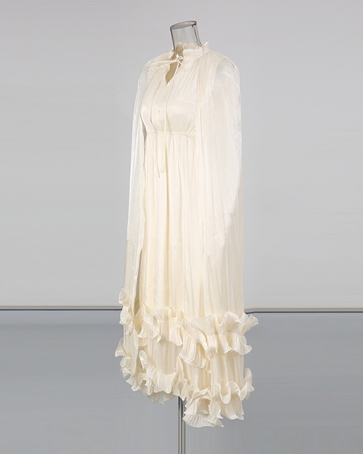 Apricot Stand Collar Cape Ruffle Maxi Dress