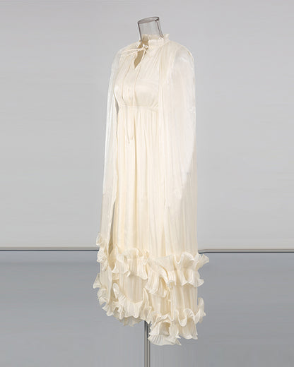 Apricot Stand Collar Cape Ruffle Maxi Dress