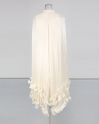 Apricot Stand Collar Cape Ruffle Maxi Dress