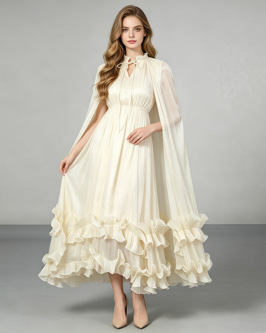 Apricot Stand Collar Cape Ruffle Maxi Dress