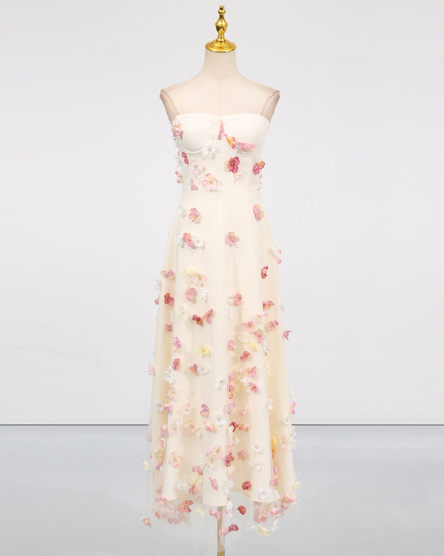 Apricot Strapless 3D Floral Midi Dress