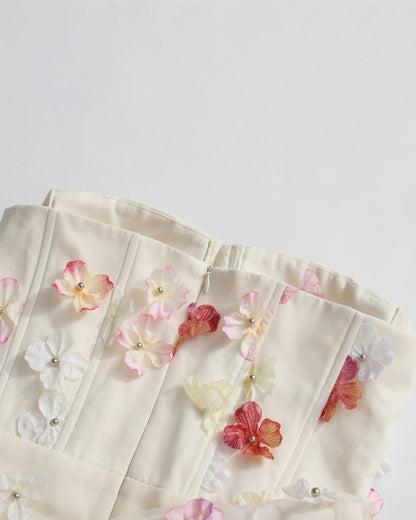 Apricot Strapless 3D Floral Midi Dress