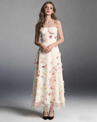 Apricot Strapless 3D Floral Midi Dress