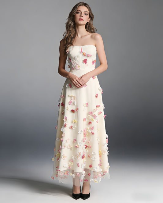Apricot Strapless 3D Floral Midi Dress