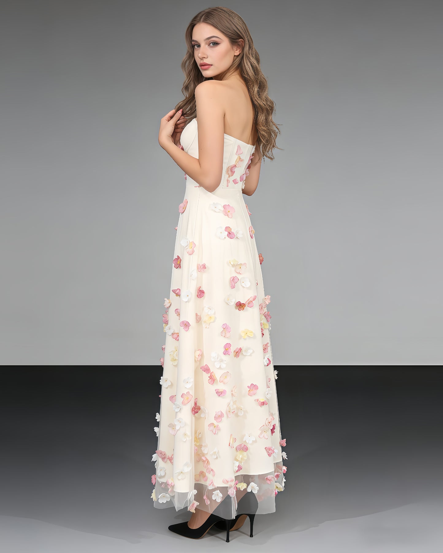 Apricot Strapless 3D Floral Midi Dress