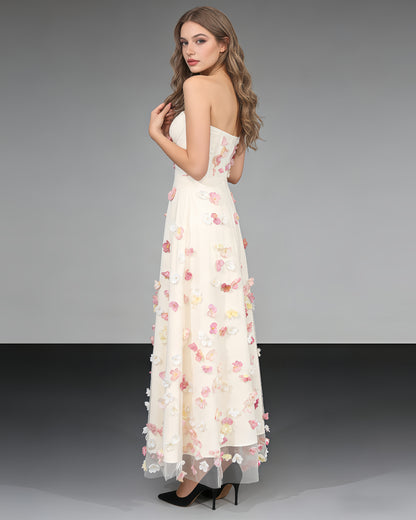 Apricot Strapless 3D Floral Midi Dress