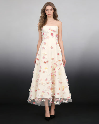 Apricot Strapless 3D Floral Midi Dress