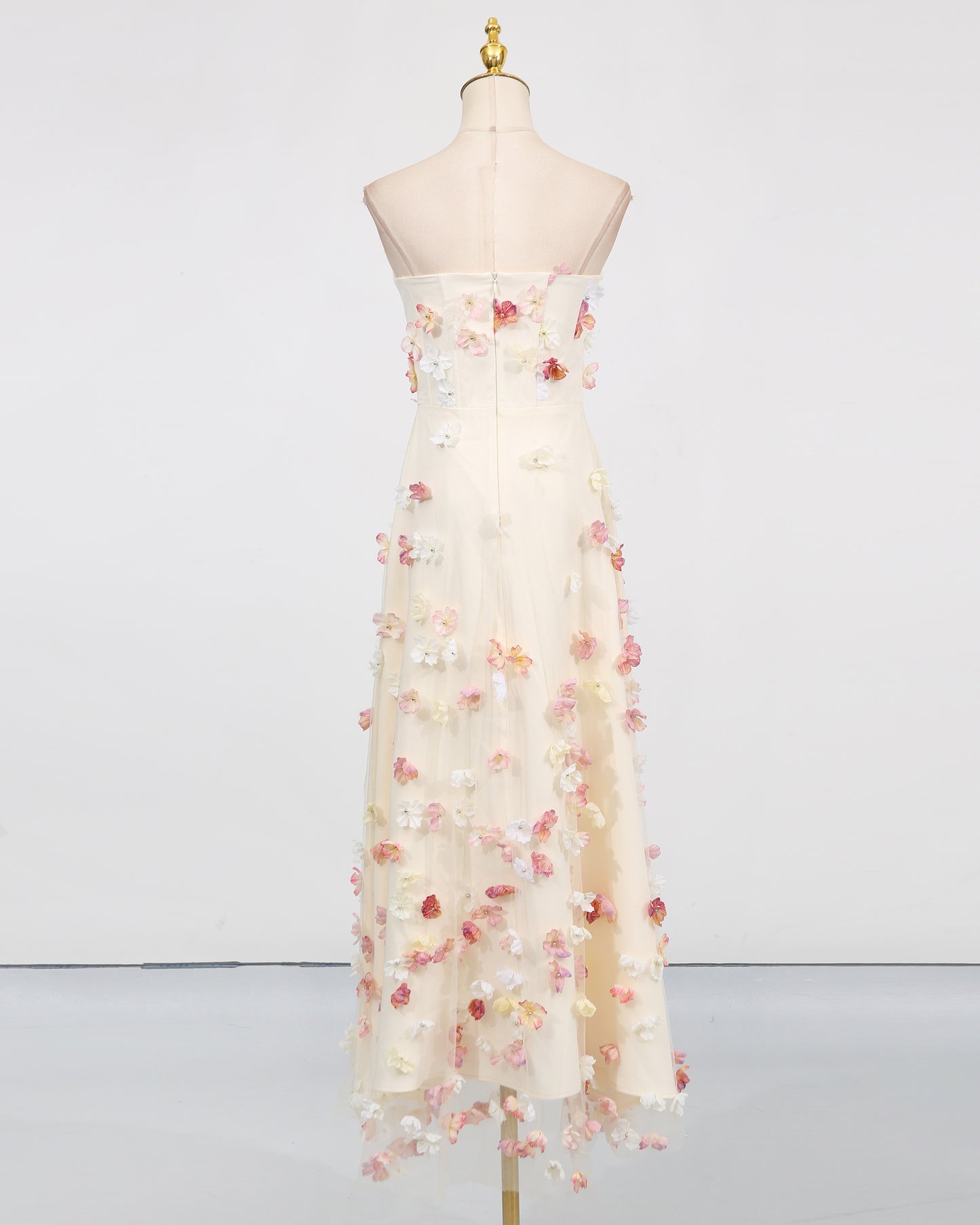 Apricot Strapless 3D Floral Midi Dress